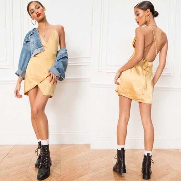by the way. Dresses & Skirts - About Us Revolve Catalina Gold Wrap Mini Dress